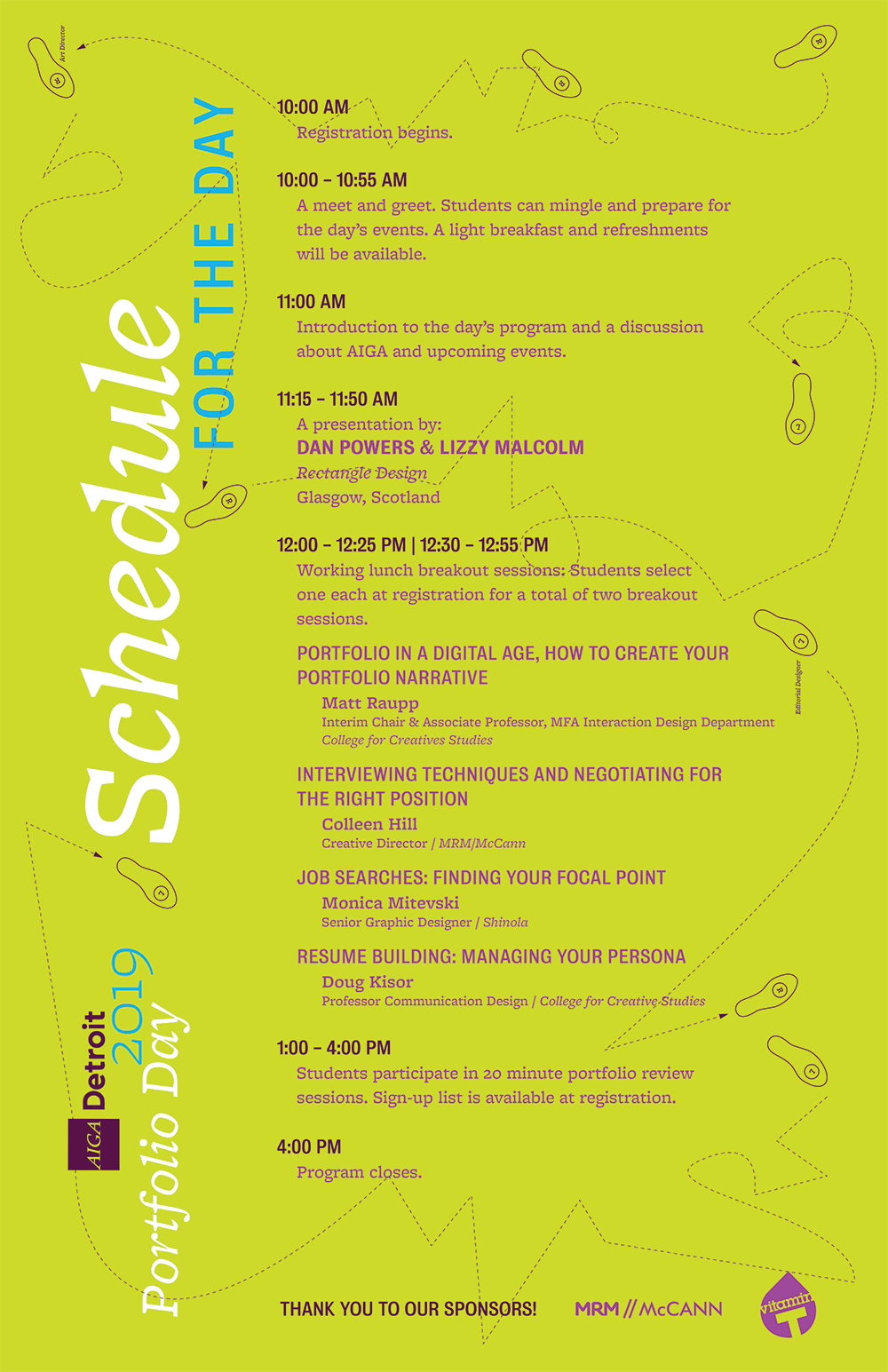 AIGA Student Portfolio Day printed schedule of events.